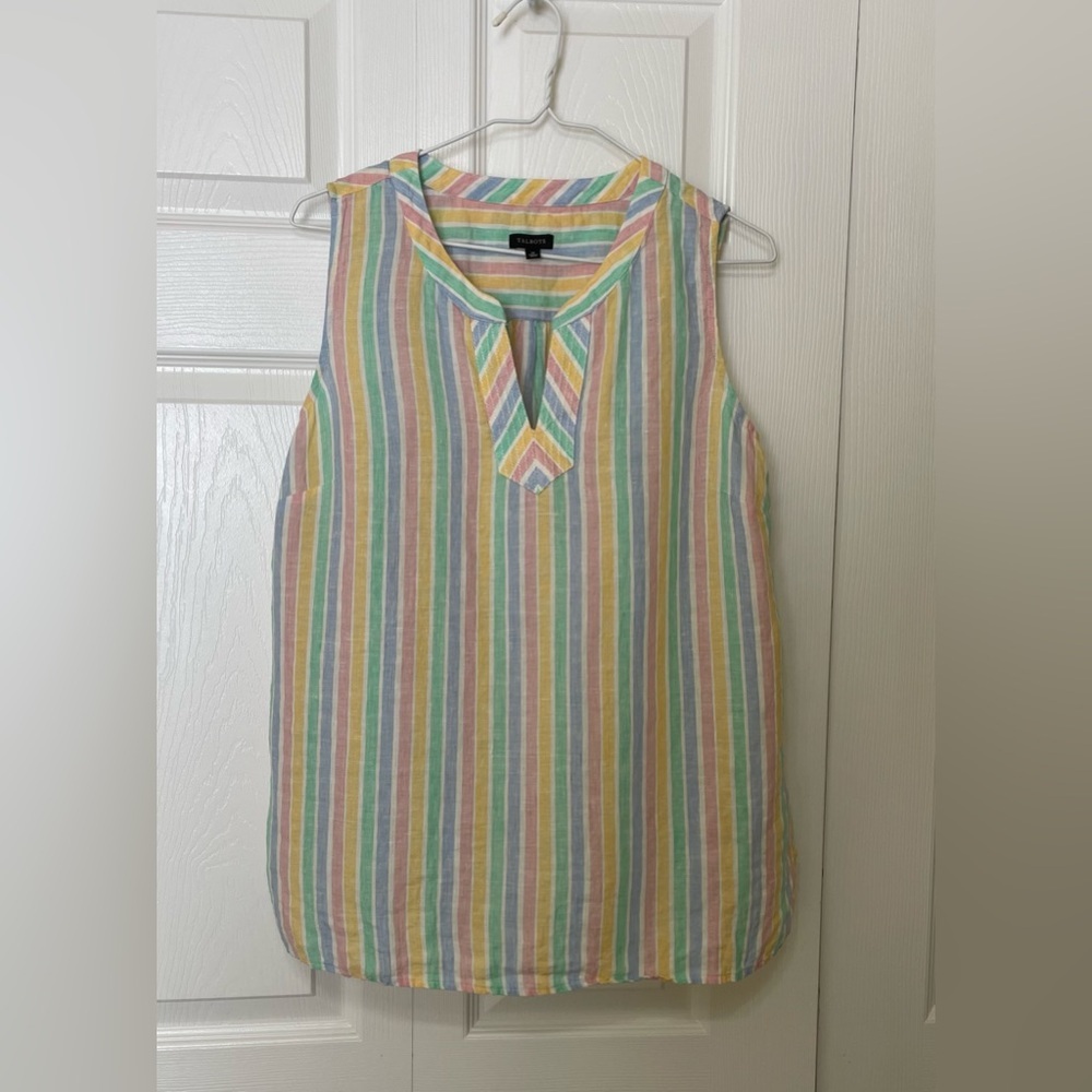 Talbots 100% Linen Yellow and Green Blouse